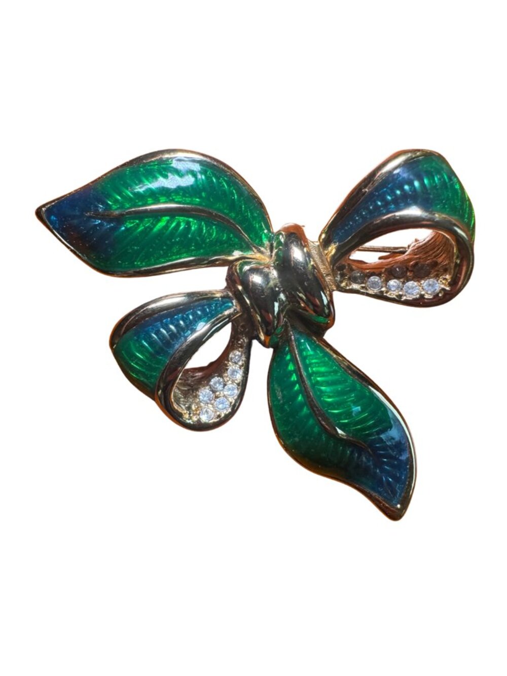Vintage Green & Blue Guilloché Enamel Bow Brooch Gold Tone Rhinestone Pin - Picture 3 of 5